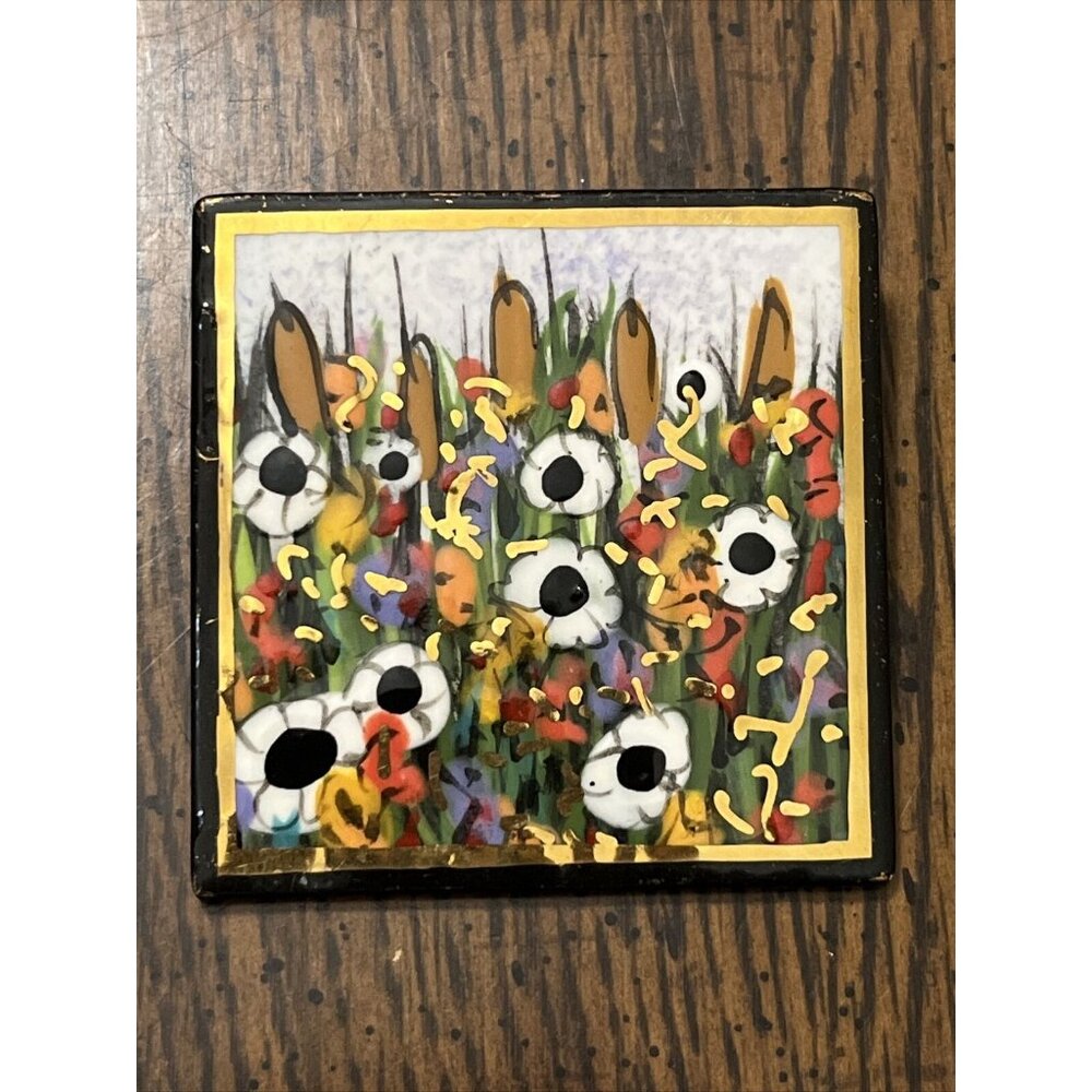 Cattails Wild Flower 1980s Laura Mostaghel Handpainted Brooch Signed 22k G Paint
